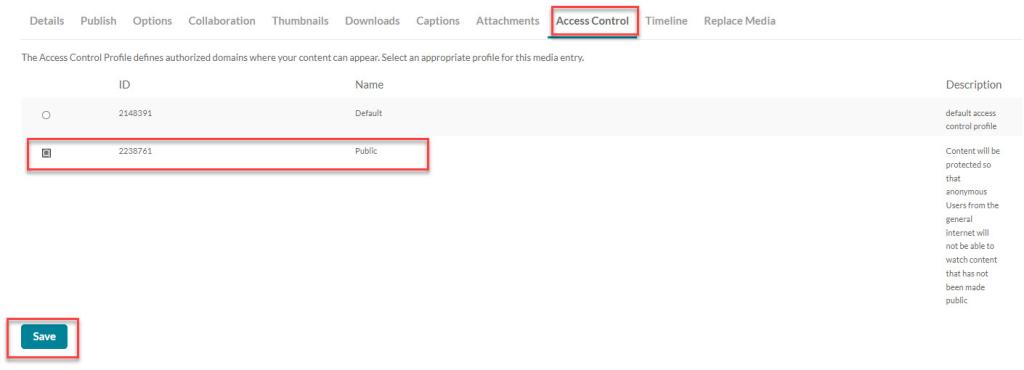 The access control tab in a red square, the public radio button and save button.